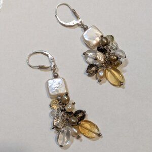Long Sterling Cha-Cha Dangle Earrings with Golden Gemstones and Pearls